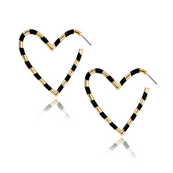Black Enamel Heart Stud Earrings, Alloy Wire Wrap Jewelry for Women, Black, 47x47mm