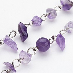 Amethyst Handmade Natural Amethyst Beads Chains for Necklaces Bracelets Making, with Iron Eye Pin, Unwelded, Platinum Color, 39.37 inch(1m)