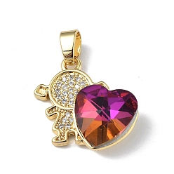 Fuchsia Real 18K Gold Plated Rack Plating Brass Micro Pave Clear Cubic Zirconia Pendants, with Glass, Long-Lasting Plated, Cadmium Free & Lead Free, Girl with Heart Charm, Fuchsia, 20.8x17x8mm, Hole: 6x3mm