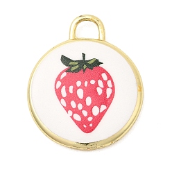 Клубника Латунные подвески с принтом, плоские круглые прелести, долговечный, реальный 18 k позолоченный, клубника, 20x17x3 мм, отверстие : 3x3 мм