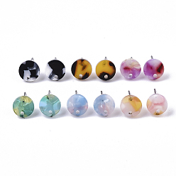 Mixed Color Cellulose Acetate(Resin) Stud Earring Findings, with 316 Surgical Stainless Steel Pin, Flat Round, Mixed Color, 9.5x2.5mm, Hole: 1.5mm, Pin: 0.6mm
