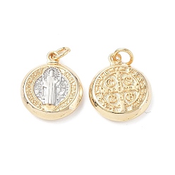 Mixed Color Brass Pendants, Cadmium Free & Lead Free, with Jump Ring, Flat Round with Flat Round with Cssml Ndsmd Cross God Father Religious Christianity, Real 18K Gold Plated & Platinum, Mixed Color, 18x15x3.5mm, Ring: 5x0.8mm, Hole: 3.3mm