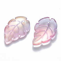 Pearl Pink Two Tone Transparent Spray Painted Glass Pendants, with Glitter Powder, Leaf, Pearl Pink, 23.5x15x3.5mm, Hole: 1.5mm