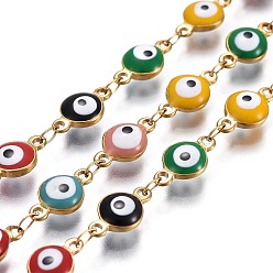 Colorful 304 Stainless Steel Link Chains, with Enamel, Soldered, Flat Round with Evil Eye, Golden, Mixed Color, 11x6x3mm
