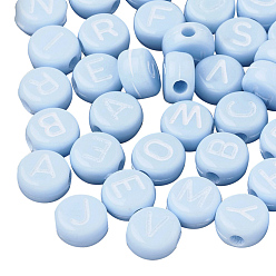 Light Sky Blue Opaque Acrylic Beads, Flat Round with White Mixed Letter, Light Sky Blue, 7x4mm, Hole: 1.5mm, about 1480pcs/200g