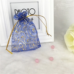 Blue Gold Stamping Eyelash Print Organza Jewellery Storage Pouches, Wedding Favour Party Mesh Drawstring Gift Bags, Rectangle, Blue, 12x9cm