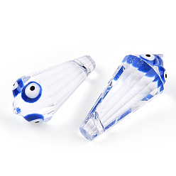 Blue Transparent Glass with Enamel Evil Eye Beads, Top Drilled, Faceted, Teardrop, Blue, 24.5x10.5mm, Hole: 1.4mm