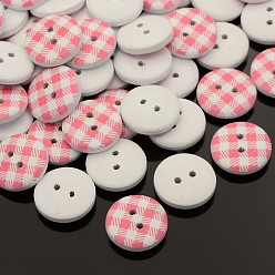 Flamingo 2-Hole Flat Round Tartan Pattern Printed Wooden Sewing Buttons, Dyed, Flamingo, 15x4mm, Hole: 1mm