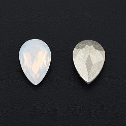 White Opal K9 Glass Rhinestone Cabochons, Pointed Back & Back Plated, Faceted, Teardrop, White Opal, 10x7x3.7mm