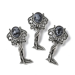 Снежный Обсидиан Подвески из натурального обсидиана в форме ангела из латуни и снежинки, с целью перехода в кольце, античное серебро, 38x19.5x7.5~9.5 мм, отверстие : 2x6.5 мм