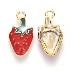 Red Alloy Enamel Pendants, Strawberry, Light Gold, Red, 21.5x11x3mm, Hole: 2mm