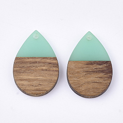 Turquoise Resin & Walnut Wood Pendants, Teardrop, Turquoise, 28x19x3.5mm, Hole: 2mm