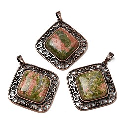 Унакит Подвески из натурального унакита с ромбами, с винтажной латунной рамкой красного медного оттенка, 39x36.5x7~8 мм, отверстие : 8.5x5 мм