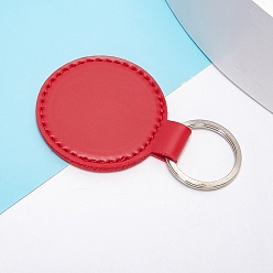Red PU Leather Keychain, with Metal Key Ring, Flat Round, Red, 5x5cm