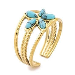 Синтетическая Бирюза Цветок 304 открытые манжетные кольца из нержавеющей стали с ионным покрытием (IP), женские кольца с синтетической бирюзой, 12 мм, регулируемый