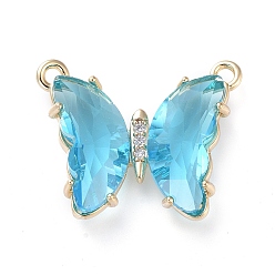 Light Cyan Brass Micro Pave Clear Cubic Zirconia Links, with Glass, Butterfly, Golden, Light Cyan, 18x21.5x4.5mm, Hole: 1.4mm