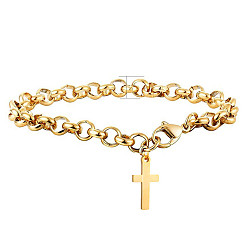 Golden Stainless Steel Cross Charm Bracelet with Rolo Chains for Easter, Golden, 7-7/8 inch(20cm)