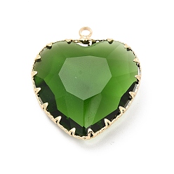 Emerald K9 Glass Pendants, Heart Charms, with Light Gold Tone Brass Findings, Faceted, Emerald, 31x28x9mm, Hole: 2mm