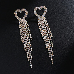 Gold + White Diamond Colorful Tassel Earrings with Heart-shaped Pendant and Shiny Rhinestones