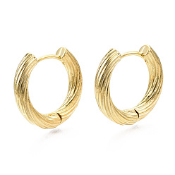 Real 18K Gold Plated Brass Huggie Hoop Earrings, Nickel Free, Textured Ring Shape, Real 18K Gold Plated, 22x3.5mm, Pin: 1mm