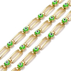 Real 18K Gold Plated Handmade Glass Evil Eye & Brass Rectangle Link Chains, Unwelded, with Spool, Real 18K Gold Plated, 4x9x4mm
