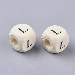 Letter L Printed Natural Wood Beads, Horizontal Hole, Cube with Initial Letter, PapayaWhip, Letter.L, 10x10x10mm, Hole: 3.5mm, about 1000pcs/500g