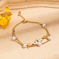 Золотой Двухслойные браслеты из ракушечных жемчужин с бабочками, 201 из нержавеющей стали браслеты многожильных, золотые, 6-1/4 дюйм (16 см)