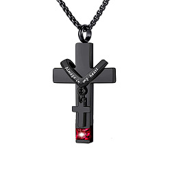 Red 304 Stainless Steel Religion Cross Pendant Memorial Urn Ash Necklaces, January Birthstone Necklace, Cable Chain Necklace, Red, Pendant: 35x22mm