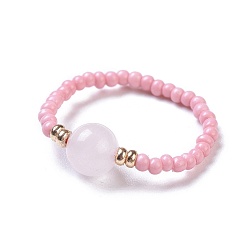 Rose Quartz Natural Rose Quartz Stretch Rings, with Glass Seed Beads, Size 8, 18mm