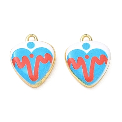 Deep Sky Blue Printed Brass Pendants, Heart with Heartbeat Pattern Charms, Rack Plating, Long-Lasting Plated, Lead Free & Cadmium Free, Real 18K Gold Plate, Deep Sky Blue, 20.5x17x5mm, Hole: 1.9mm
