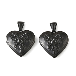 Черный 316 подвески из нержавеющей стали Locket, сердце с цветочным шармом, с 304 защелкой из нержавеющей стали на поручнях, долговечный, ионное покрытие (ip), чёрные, 29x29x8 мм, отверстие : 8x4 мм, внутренний диаметр: 20x21.5 мм