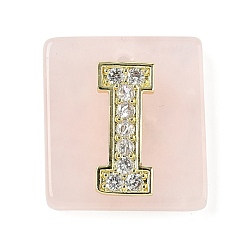 Letter I Природного розового кварца подвески, прямоугольные подвески с латунной микропаве прозрачной кубической циркониевой буквой, реальный 18 k позолоченный, долговечный, стойки покрытие, Буква "i", 21x18x5 мм, отверстие : 1.4 мм