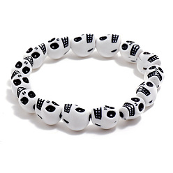 White Resin Beaded Bracelets, Skull, White, 7-1/8~7-1/2 inch(18~19cm)