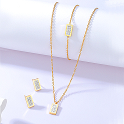 Real 18K Gold Plated Stainless Steel Jewelry Sets, Pendant Necklaces & Stud Earrings & Bracelets, with Clear Cubic Zirconia, Rectangle, Real 18K Gold Plated, 16.54 inch(42cm)