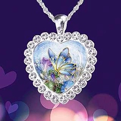 Cornflower Blue Heart Glass Pendant Necklaces with Rhinestone, with Platinum Alloy Chains, Cornflower Blue, Pendant: 23x25mm