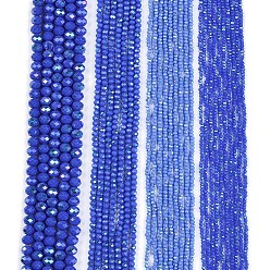Королевский синий Гальванизировать непрозрачные сплошной цвет стеклянные бусы пряди, с половиным покрытием цвета радуги, граненые, рондель, королевский синий, 8x6 мм, отверстие : 1 мм, около 60~62 шт / нитка, 39~40 см