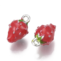 Real Platinum Plated Brass Charms, with Enamel, Strawberry, Red, Nickel Free, Real Platinum Plated, 11.5x7x7mm, Hole: 1.4mm