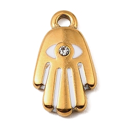 Белый 304 нержавеющей стальной эмали подвески, рука хамса с оберегами от сглаза, со стразами, золотые, белые, 16.5x9x2.5 мм, отверстие : 1.6 мм