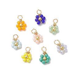Mixed Color 8Pcs 8 Color Flower Glass Seed Beaded Charms, with Real 18K Gold Plated Copper Wire Wrapped, Mixed Color, 9x6x2mm, Hole: 1.4mm, 1Pc/color