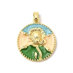 Разноцветный Латунь эмаль подвески, плоские круглые с цветком, без свинца и без кадмия, долговечный, стойки покрытие, реальный 18 k позолоченный, красочный, 28x24x3 мм, отверстие : 3x6 мм