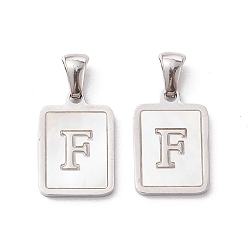 Letter F 304 Stainless Steel Pave Shell Pendants, Rectangle Charm, Stainless Steel Color, Letter F, 17.5x12x1.5mm, Hole: 3x5mm