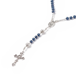 Marine Blue Natural Lava Rock & Glass Pearl Rosary Bead Necklace, Alloy Virgin Mary & Cross Pendant Necklace for Women, Marine Blue, 25.20 inch(64cm)