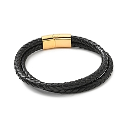 Black Cowhide Braided Double Layer Bracelet with 304 Stainless Steel Magnetic Clasps, Gothic Jewelry for Men Women, Black, 9-3/4 inch(24.7cm)