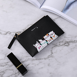Black PU Leather Credit Card Storage Bags, Cute Small Wallet for Women Girls, Rectangle with Cat Pattern, Black, 95x115x20mm