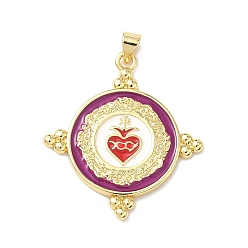 Красный Латунь эмаль подвески, Плоский круглый подвесной медальон в виде священного сердца, долговечный, без кадмия и без свинца, стойки покрытие, реальный 18 k позолоченный, красные, 33x30x2 мм, отверстие : 3.5x5 мм