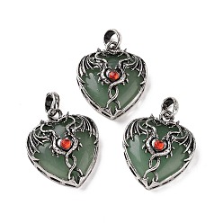 Green Aventurine Natural Green Aventurine Pendants, Heart Charms, with Rack Plating Antique Silver Tone Hyacinth Rhinestone Dragon Wing Findings, 36.5~37.5x32~32.5x9.5~10.5mm, Hole: 8.5x5.5mm