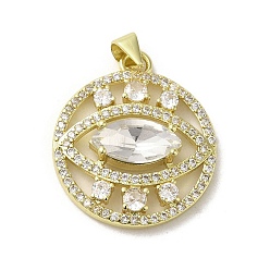 Clear Brass Micro Pave Cubic Zirconia Pendants, with Glass, Real 18K Gold Plated, Flat Round with Eye, Clear, 26x22x5.5mm, Hole: 3.3x3.7mm