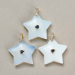 Opalite Opalite Pendants, Star Charms, with Brass Pave Cubic Zirconia Findings, Golden, 30~32.5x31.5~34x11~12.5mm, Hole: 6x7mm