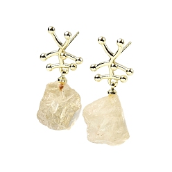 Лимонный Кварц Серьги-гвоздики с подвесками из латунных самородков, с натуральным лимонным кварцем, долговечный, золотые, 30.5~32.5x11.5~13.5 мм
