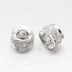 Silver 925 Sterling Silver Cubic Zirconia European Beads, Column, Silver, 7x4mm, Hole: 3mm